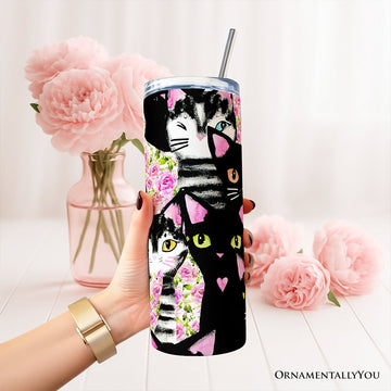 Black Cats Pink Rose Pattern 20oz Personalized Tumbler With Lid and Stainless Steel Straw, Cute Floral Kitty Gift Cup Tumbler OrnamentallyYou 