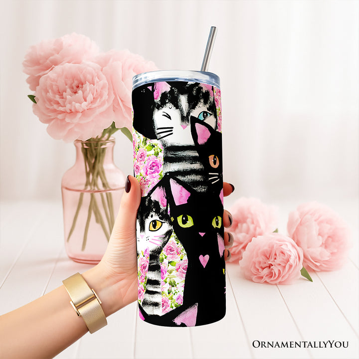 Black Cats Pink Rose Pattern 20oz Personalized Tumbler With Lid and Stainless Steel Straw, Cute Floral Kitty Gift Cup