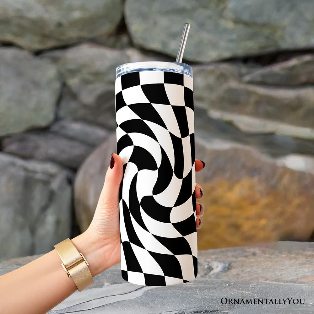Black and White Checkerboard Swirl 20oz Personalized Tumbler With Lid and Stainless Steel Straw, Retro Optical Illusion Gift Cup Tumbler OrnamentallyYou 