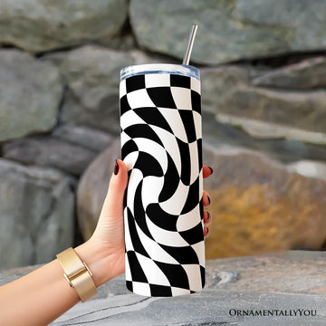 Black and White Checkerboard Swirl 20oz Personalized Tumbler With Lid and Stainless Steel Straw, Retro Optical Illusion Gift Cup Tumbler OrnamentallyYou 