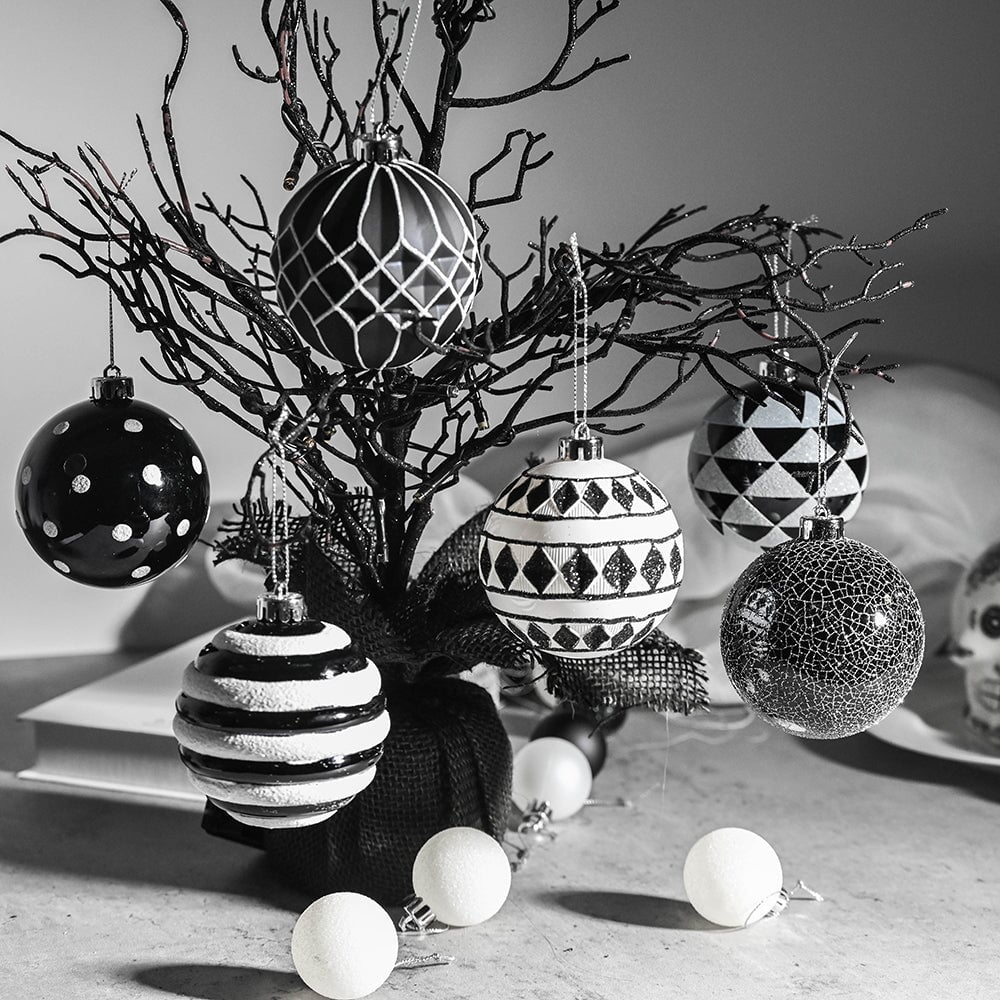 Black and White Monochrome Christmas Bauble Ornament Set, Emo or Gothic Tree Ideas Ornament Bundle OrnamentallyYou 