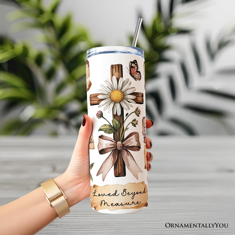 Boho Christian Cross 20oz Personalized Tumbler With Lid and Stainless Steel Straw, Vintage Floral Quotes Gift Cup Tumbler OrnamentallyYou 