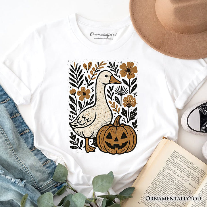Boho Goose Halloween Pumpkin T-Shirt, Spooky Fall Floral Tee T-Shirts OrnamentallyYou White XS 