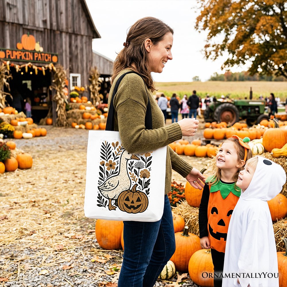 Boho Goose Halloween Pumpkin Tote Bag, Spooky Fall Floral Gift Shopper Tote Bag OrnamentallyYou 