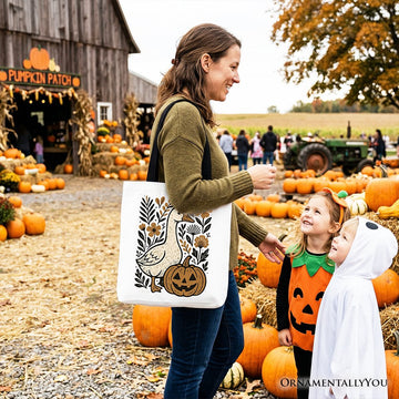 Boho Goose Halloween Pumpkin Tote Bag, Spooky Fall Floral Gift Shopper Tote Bag OrnamentallyYou 