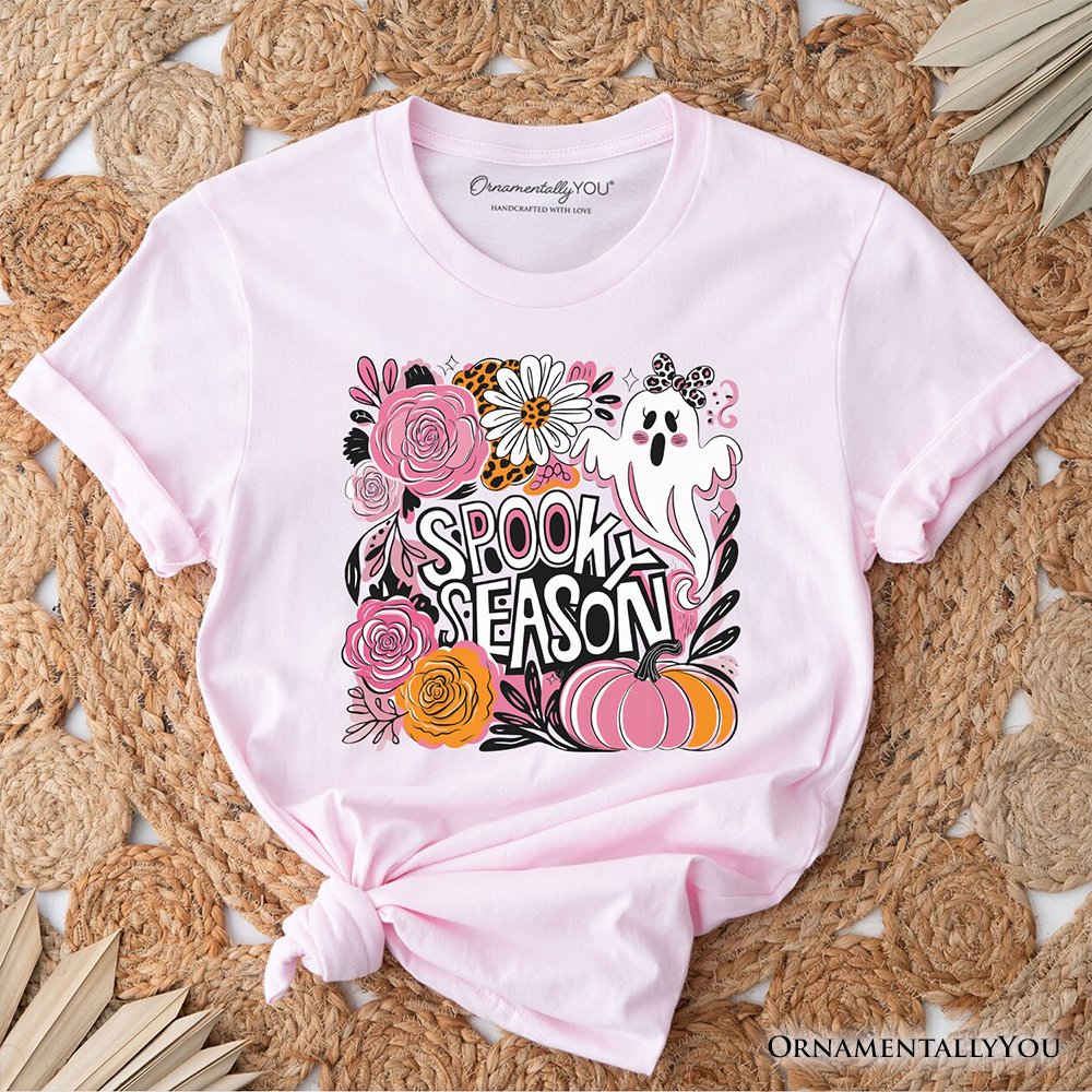 Boho Spooky Season Ghost T-Shirt, Cute Halloween Tee with Fall Pumpkins T-Shirts OrnamentallyYou Soft Pink XS 