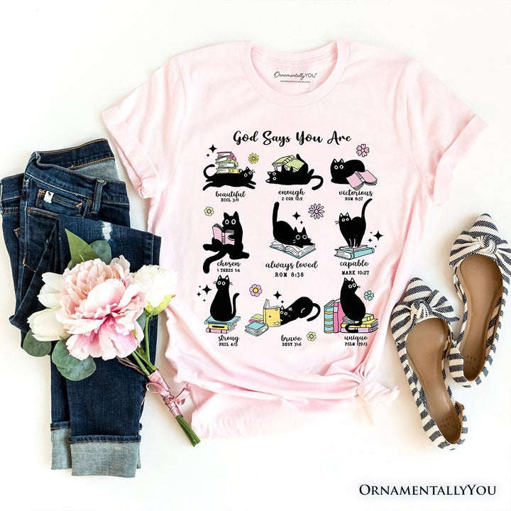 Book Cat God Says I Am T-Shirt, Christian Bible Verse Faith Tee T-Shirts OrnamentallyYou Soft Pink XS 