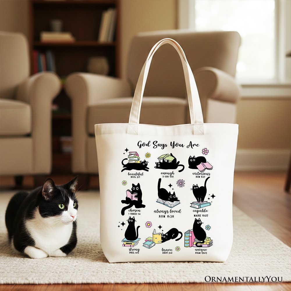 Book Cat God Says I Am Tote Bag, Christian Bible Verse Faith Gift Shopper Tote Bag OrnamentallyYou White 