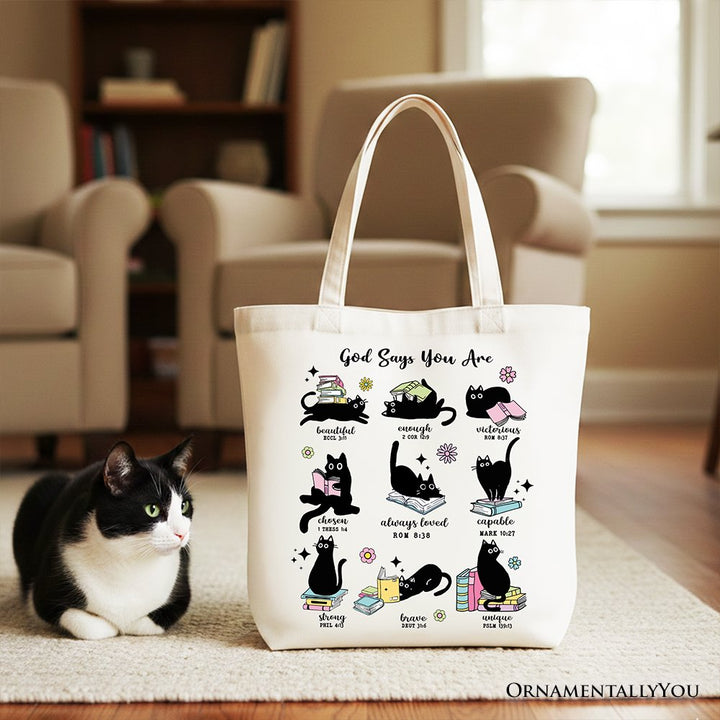 Book Cat God Says I Am Tote Bag, Christian Bible Verse Faith Gift Shopper Tote Bag OrnamentallyYou White 