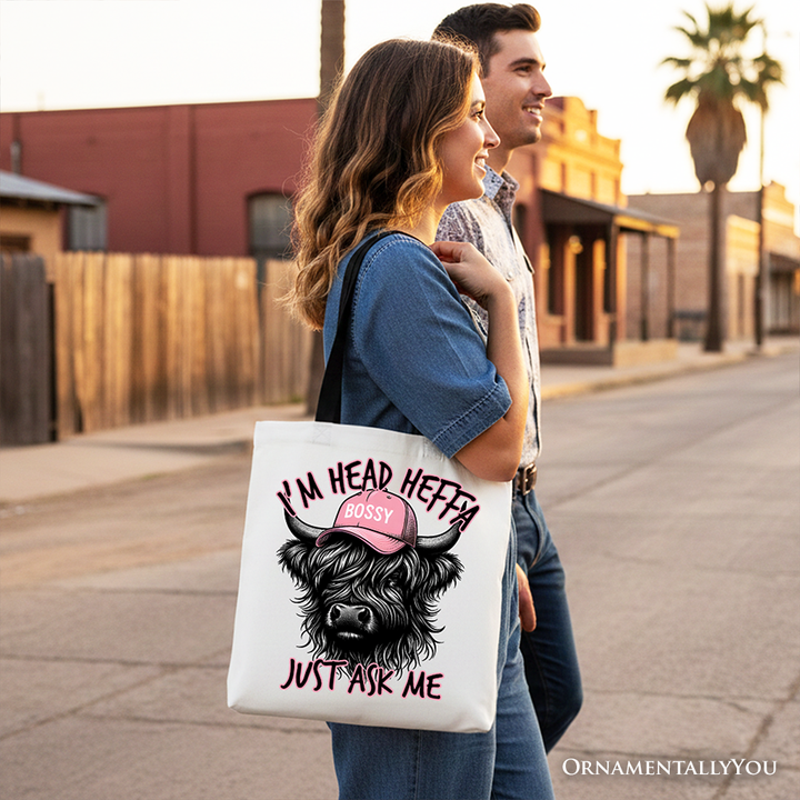 Bossy Highland Cow Canvas Tote Bag, Head Heifer Funny Western Gift Shopper