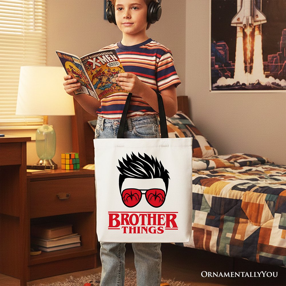 Brother Things Retro Canvas Tote Bag, Red Glasses Family Matching Gift Shopper Tote Bag OrnamentallyYou 