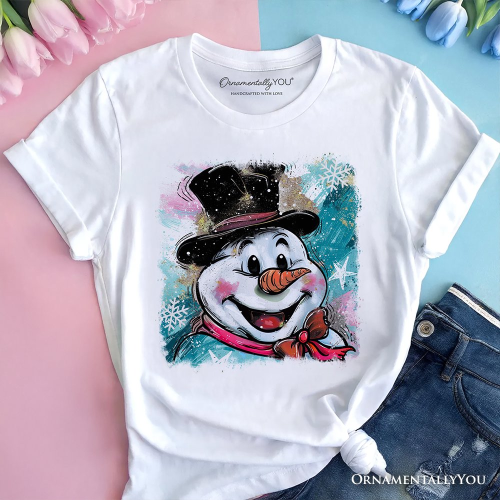 Brushstroke Cute Snowman T-Shirt, Preppy Merry Christmas Glitter Holiday Tee T-Shirts OrnamentallyYou White XS 