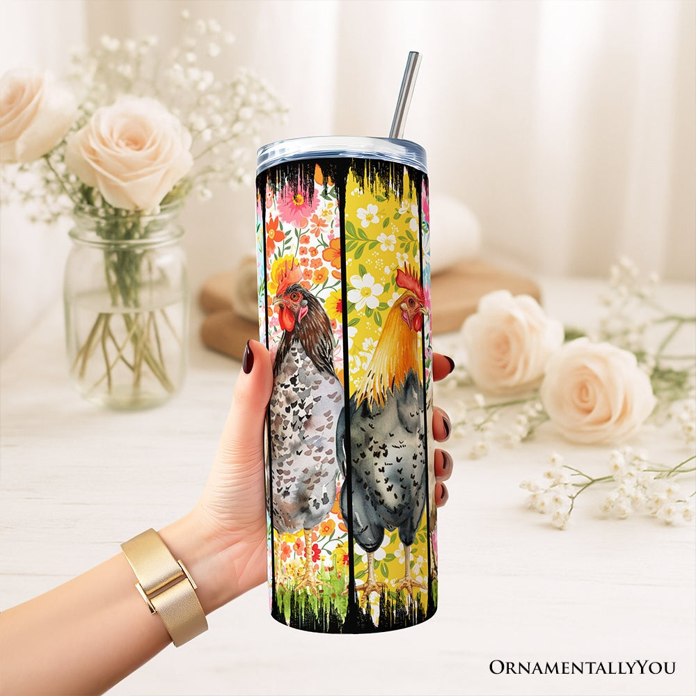 Brushstrokes Chicken Farm 20oz Personalized Tumbler With Lid and Stainless Steel Straw, Colorful Floral Farmlife Gift Cup Tumbler OrnamentallyYou 