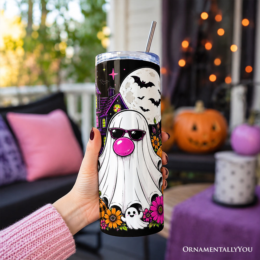 Bubblegum Ghost Haunted House 20oz Personalized Tumbler With Lid and Stainless Steel Straw, Colorful Floral Halloween Pumpkin Gift Cup