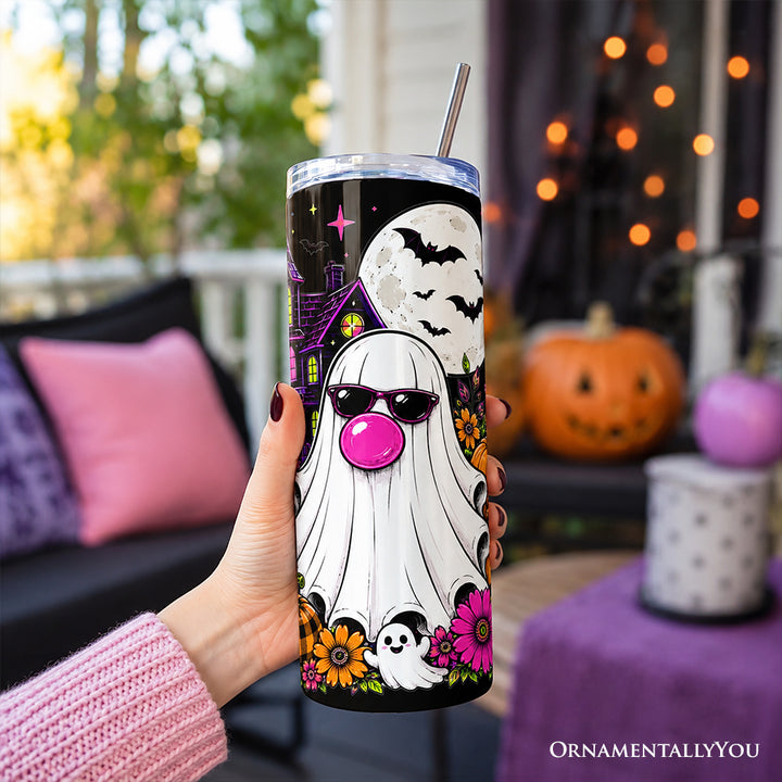 Bubblegum Ghost Haunted House 20oz Personalized Tumbler With Lid and Stainless Steel Straw, Colorful Floral Halloween Pumpkin Gift Cup