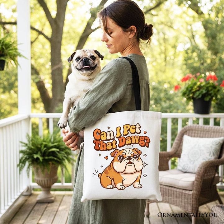Can I Pet That Dawg Bulldog Retro Tote Bag, Cute Funny Dog Lover Gift Shopper Tote Bag OrnamentallyYou 
