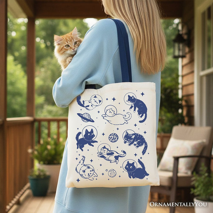 Cats in Space Retro Canvas Tote Bag, Funny Astronaut Kitty Gift Bag with Cosmic Vibes Tote Bag OrnamentallyYou 