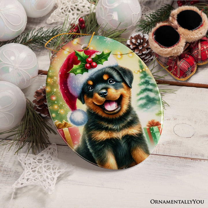 Charming Rottweiler in Festive Attire Ornament, Heartwarming Dog-Themed Christmas Gift Decor Ceramic Ornament OrnamentallyYou 