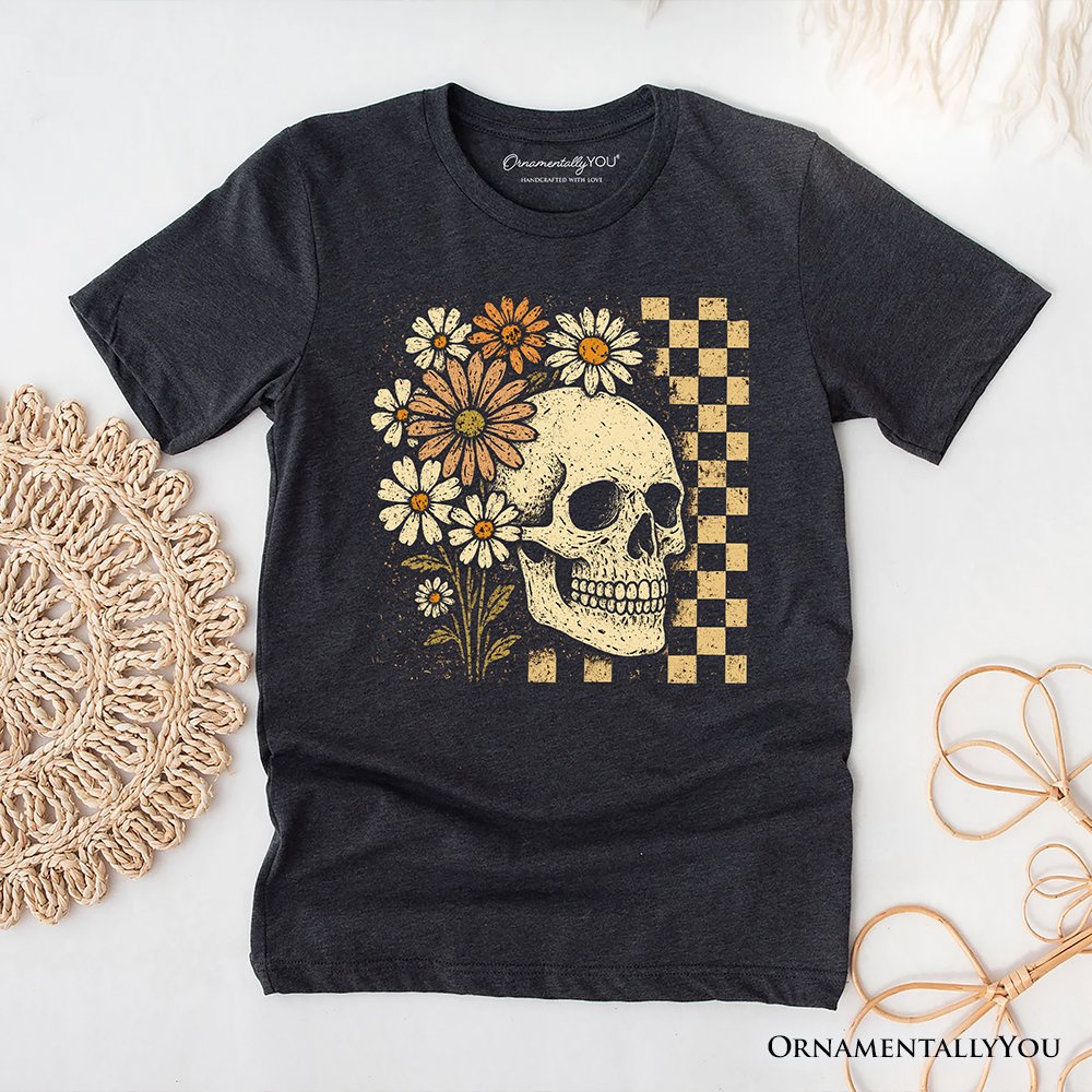 Checkered Floral Skeleton T-Shirt, Vintage Skull Daisy Halloween Tee T-Shirts OrnamentallyYou Gray XS 