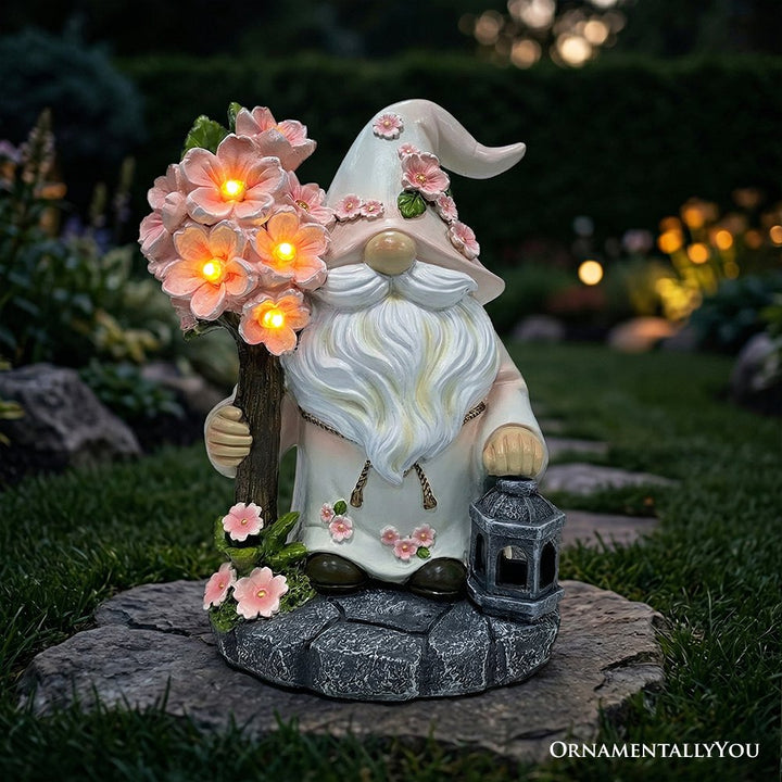Cherry Blossom Gnome Solar Garden Statue, 8" Figurine and Floral Outdoor Decor Resin Statues OrnamentallyYou 