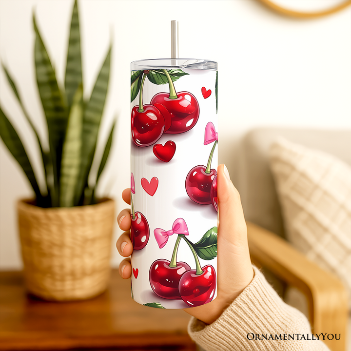 Cherry Bow Pattern 20oz Personalized Tumbler With Lid and Stainless Steel Straw, Valentine Travel Mug Gift