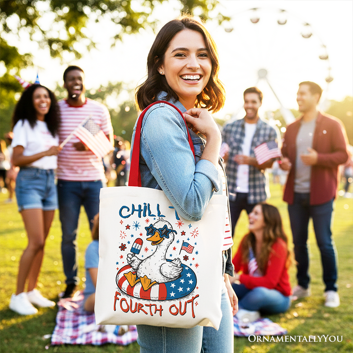 Chill The Fourth Out Goose Canvas Tote Bag, Funny Patriotic 4th of July Gift Shopper
