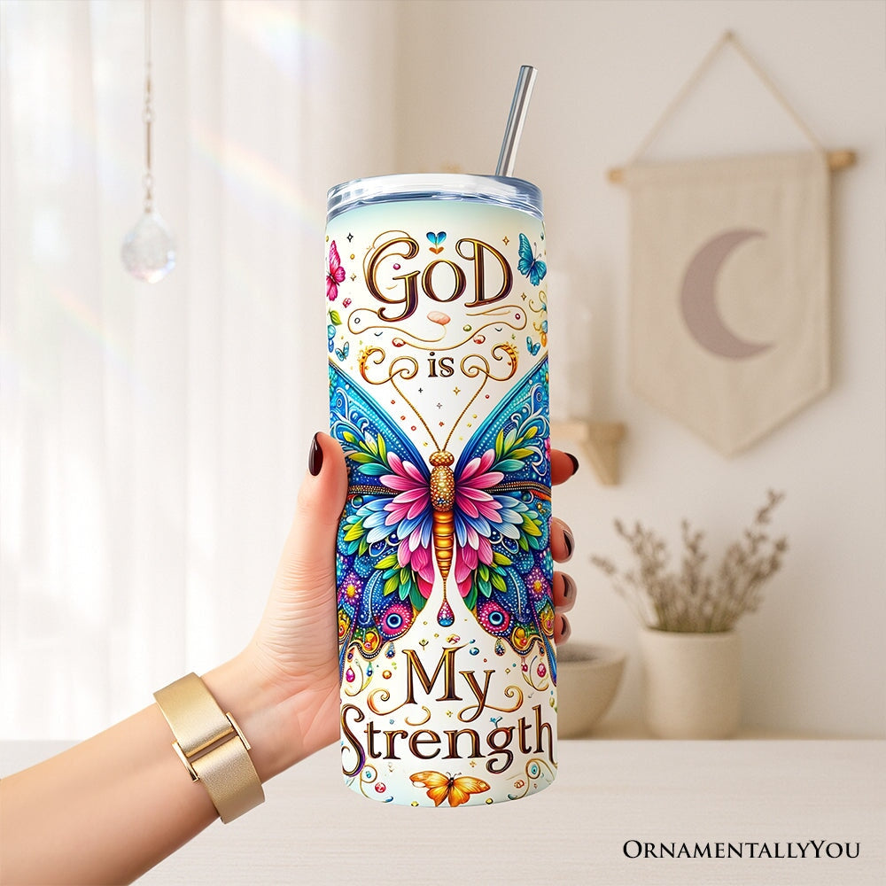 Christian Butterfly Floral 20oz Personalized Tumbler With Lid and Stainless Steel Straw, God Is My Strength Gift Cup Tumbler OrnamentallyYou 