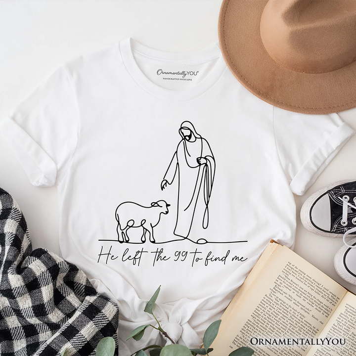 Christian Minimalist Line Art T-Shirt, He Left the 99 to Find Me Bible Verse Faith Tee