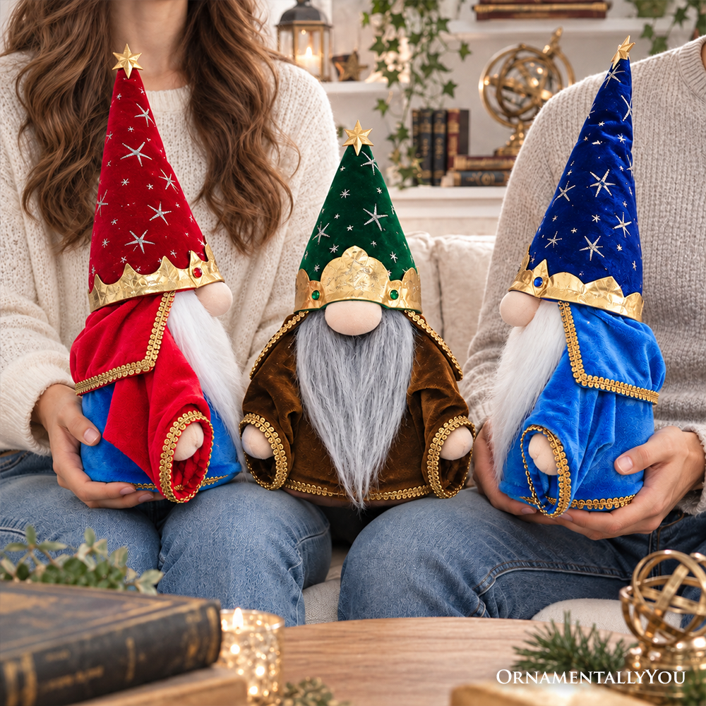 Christmas Magical Wizard Plush Gnome Set of 3, Whimsical 16" Holiday Decor with Stars and Crowns