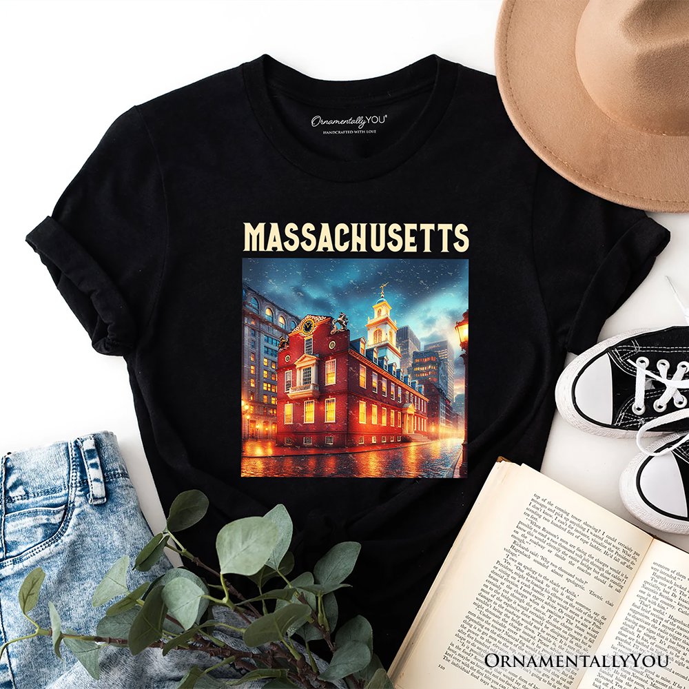 Classic Massachusetts State Old State House T-Shirt, Colonial Landmark Tee and Boston Travel Keepsake Souvenir T-Shirts OrnamentallyYou Black XS 