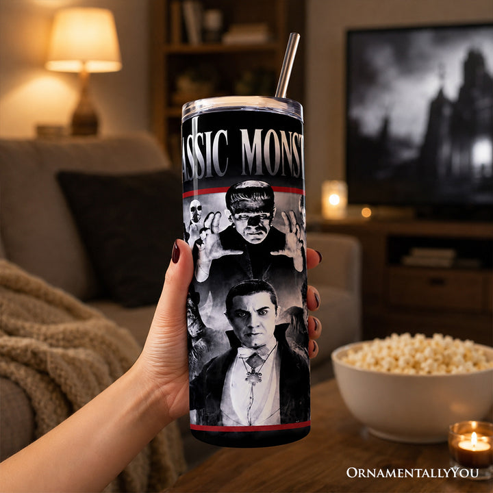 Classic Monsters Black and White 20oz Personalized Tumbler With Lid and Stainless Steel Straw, Retro Vintage Horror Gift Cup
