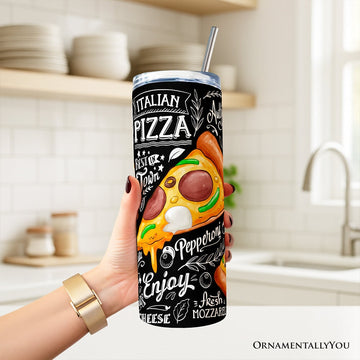 Classic Pizza Slice Doodle 20oz Personalized Tumbler With Lid and Stainless Steel Straw, Italian Pizzeria Chalk Art Gift Cup Tumbler OrnamentallyYou 