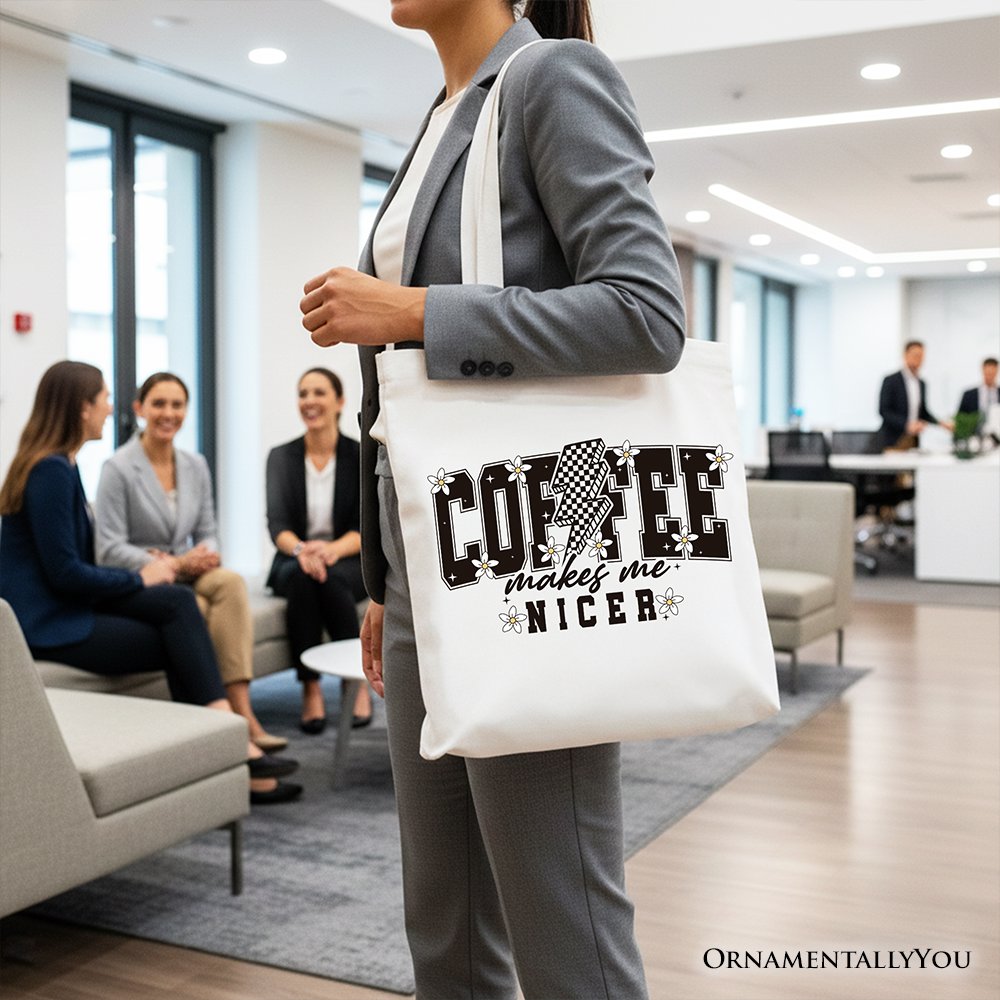 Coffee Makes Me Nicer Retro Tote Bag, Trendy Gift Shopper for Stylish Women and Caffeine Lovers Tote Bag OrnamentallyYou 