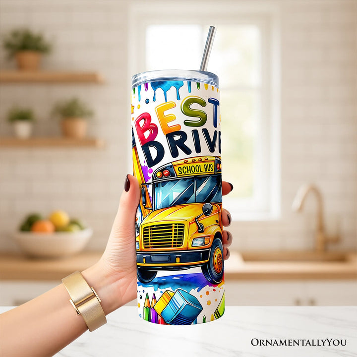 Colorful Best Bus Driver 20oz Personalized Tumbler With Lid and Stainless Steel Straw, School Staff Appreciation Gift Cup Tumbler OrnamentallyYou 