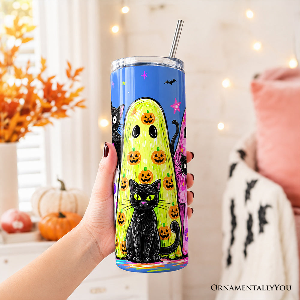 Colorful Ghosts and Black Cats 20oz Personalized Tumbler With Lid and Stainless Steel Straw, Neon Halloween Spooky Season Gift Cup