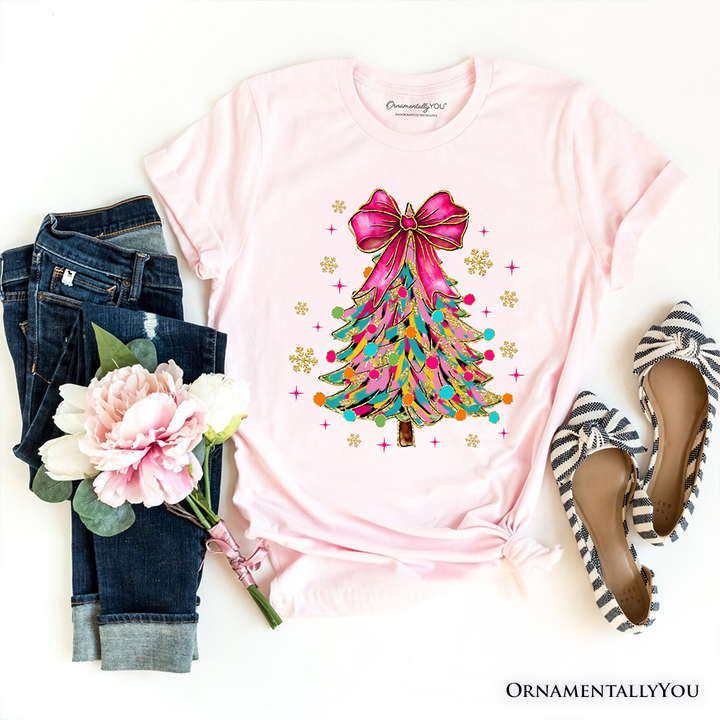 Colorful Glitter Christmas Tree Pink Bow T-Shirt, Pink Bow Coquette Holiday Tee
