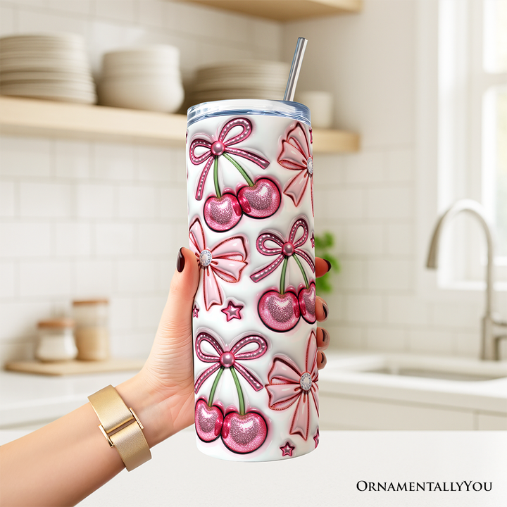 Coquette Cherry Bows 3D Inflated Tumbler With Lid and Stainless Steel Straw, Spring Floral Travel Mug Gift