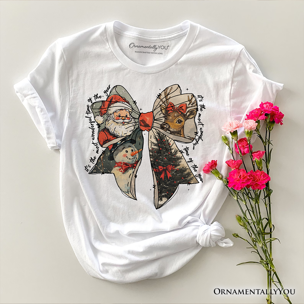 Coquette Christmas Bow T‑Shirt, It's Most Wonderful Time Of The Year Vintage Tee With Santa, Deer and Snowman