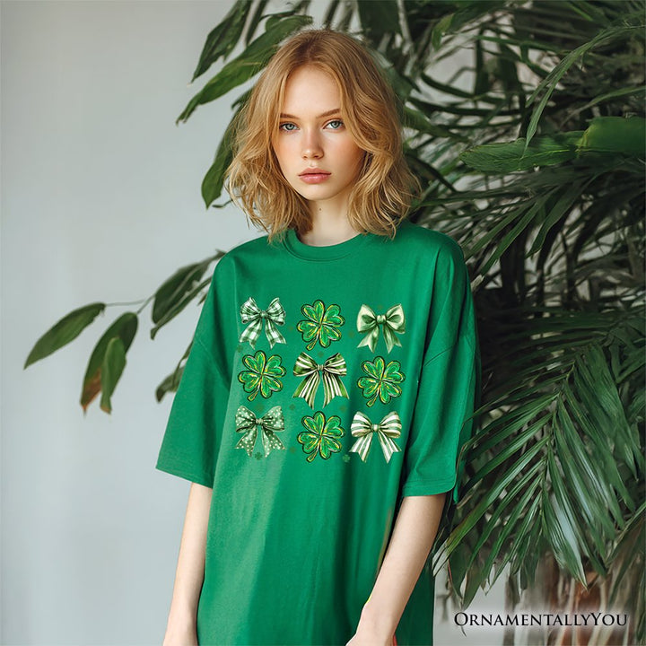 Coquette Clover Bows St Patrick’s Day T-Shirt, Green Irish Lucky Shamrock Tee T-Shirts OrnamentallyYou 