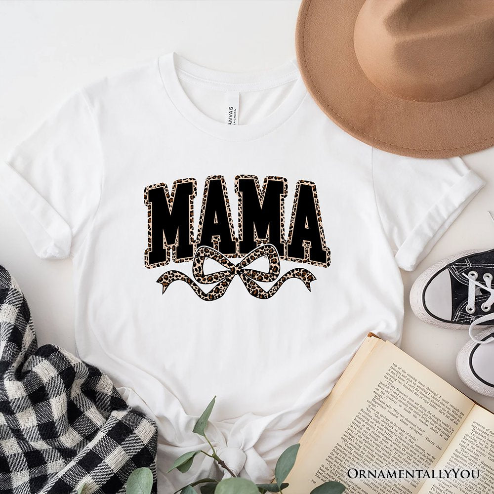 Coquette Leopard Mama T-Shirt, Retro Bow Varsity Tee for Trendy Moms T-Shirts OrnamentallyYou White XS 