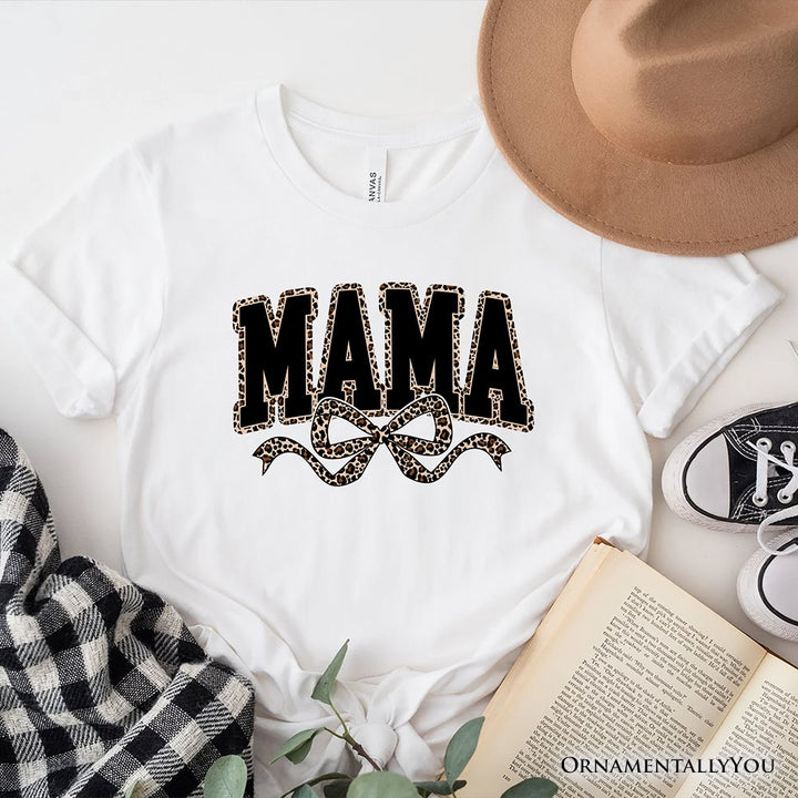 Coquette Leopard Mama T-Shirt, Retro Bow Varsity Tee for Trendy Moms T-Shirts OrnamentallyYou White XS 