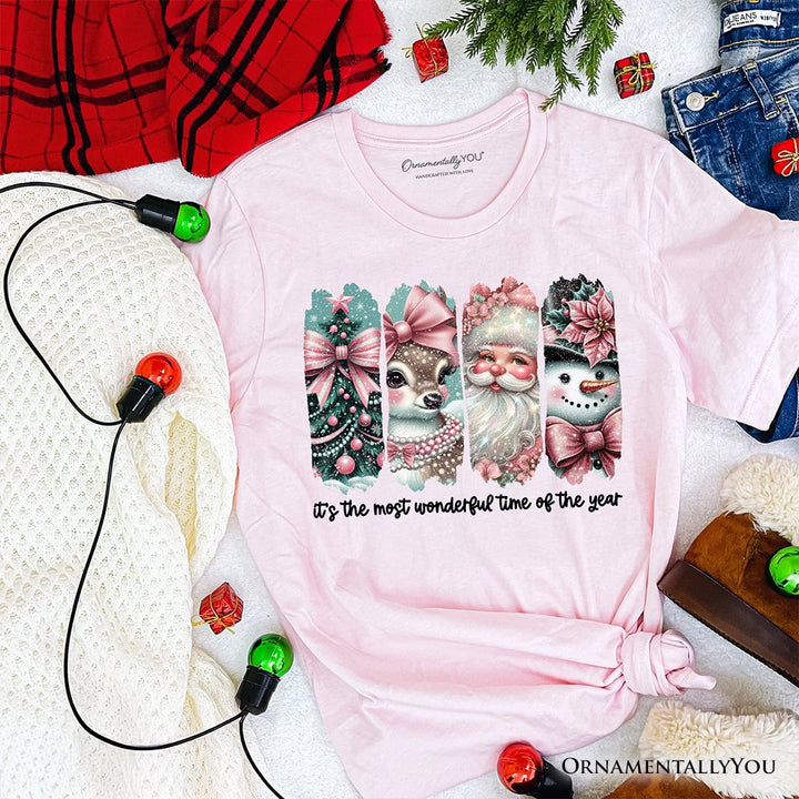 Coquette Pink Christmas T‑Shirt, It's The Most Wonderful Time Of The Year Vintage Tree, Reindeer, Santa and Snowman Tee T-Shirts OrnamentallyYou Soft Pink XS 