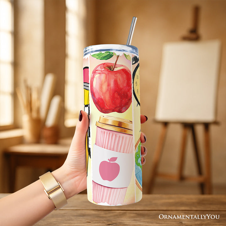 Coquette Pink Teacher 20oz Personalized Tumbler With Lid and Stainless Steel Straw, Retro School Brushstrokes Gift Cup