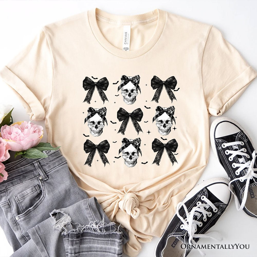 Coquette Skulls and Bows T-Shirt, Gothic Halloween Tee for Stylish Women T-Shirts OrnamentallyYou Natural XS 