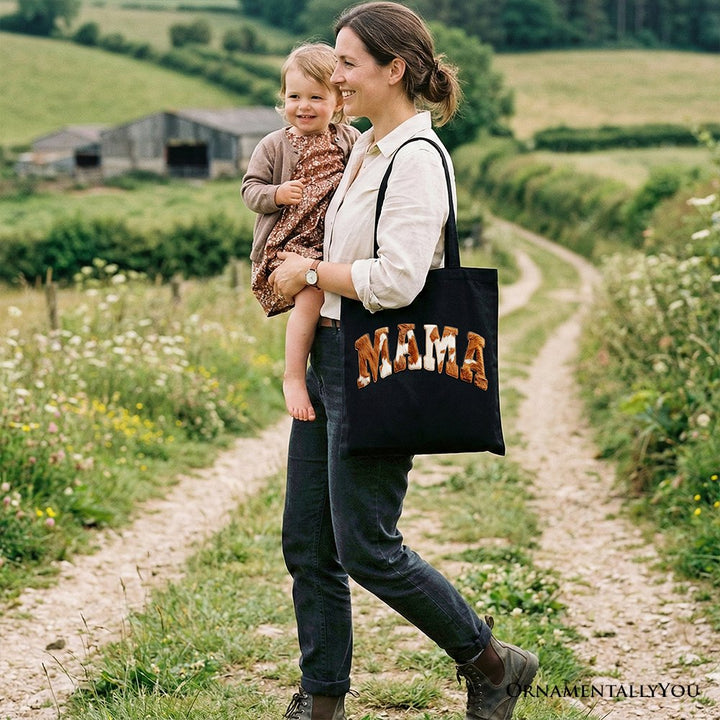Cow Print Mama Western Tote Bag, Faux Cowhide Mom Gift Shopper Tote Bag OrnamentallyYou 