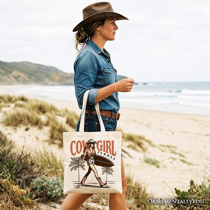 Cowgirl Summer Surf Tote Bag, Retro Western Beach Gift Shopper for Free-Spirited Women Tote Bag OrnamentallyYou 