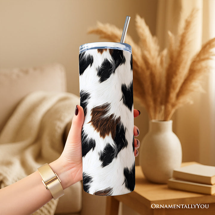 Cowhide Fur Pattern 20oz Personalized Tumbler With Lid and Stainless Steel Straw, Rustic Farmhouse Gift Cup