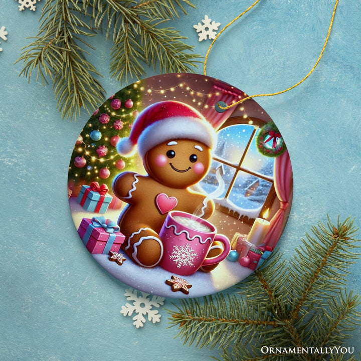 Cozy Gingerbread Man Pink Themed Ornament, Delightful Christmas Gift and Decor Ceramic Ornament OrnamentallyYou 