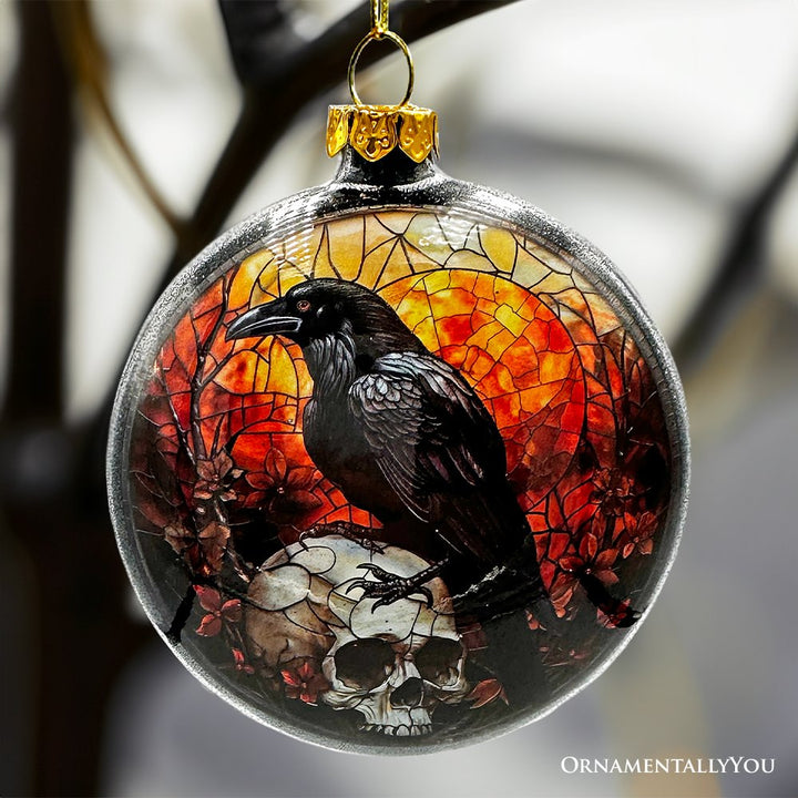 (Pre-Order) Creepy Stained Glass Skeleton and Raven Haunted Ornament, Halloween Horror and Christmas Tree Decor Glass Ornament OrnamentallyYou 