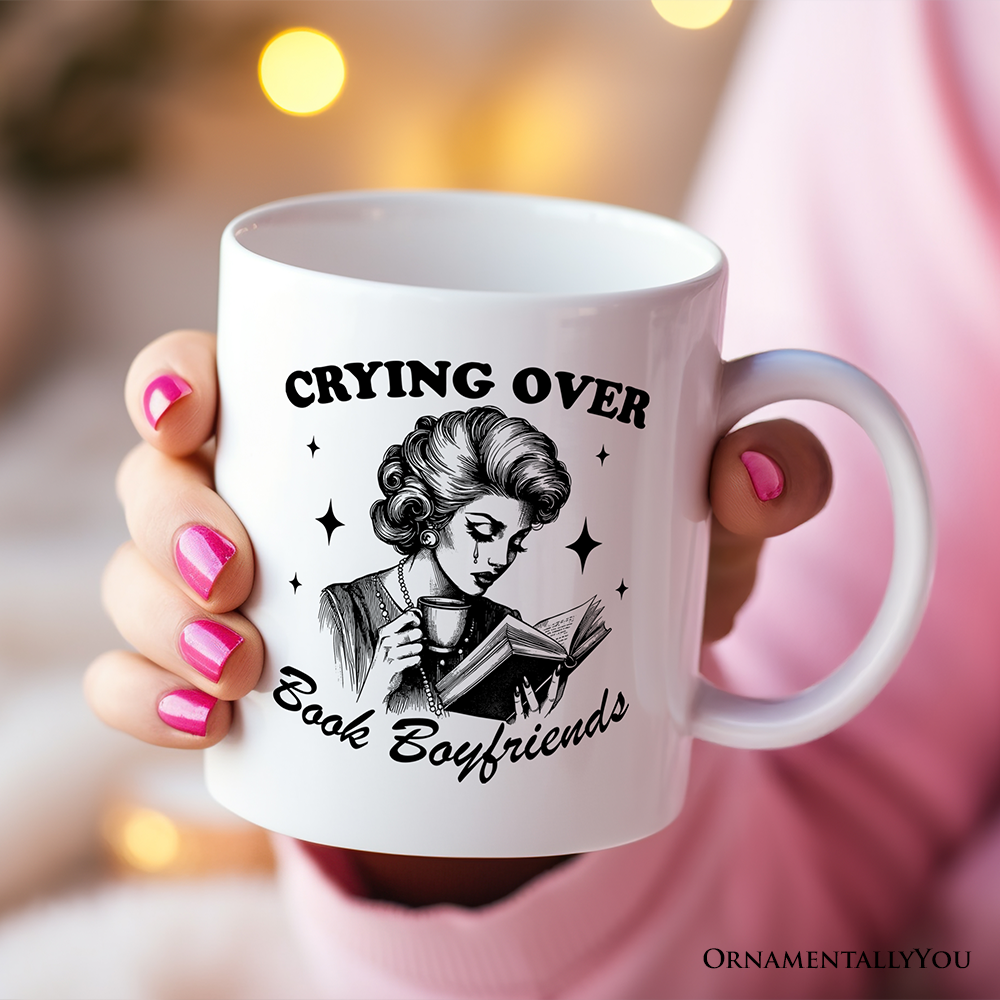 Crying Over Book Boyfriends Personalized Mug, Retro Anti-Valentine Funny Gift With Custom Name